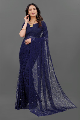 DHARMEE Embellished Bollywood Net, Brasso Saree(Dark Blue)