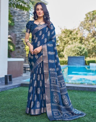 Samah Woven, Embellished, Printed Bollywood Art Silk, Silk Blend Saree(Dark Blue, White, Brown)
