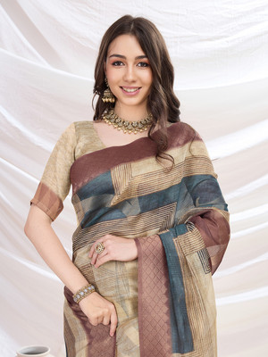 MANTROTSAV Digital Print Bollywood Cotton Blend Saree(Beige)