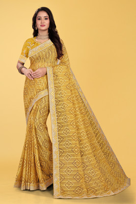 MAN PRIYA TRENDZ Embroidered Bandhani Art Silk Saree(Yellow)