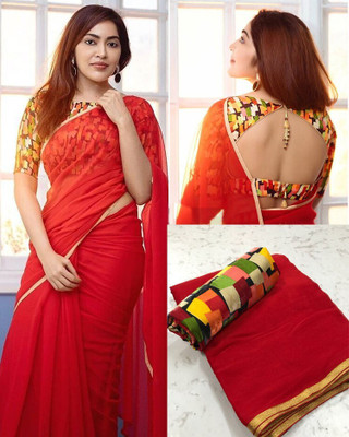 Sareez House Solid/Plain Bollywood Georgette Saree(Red)