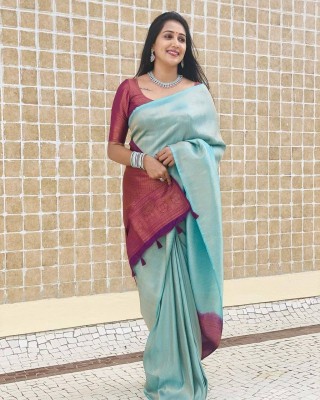 KRIYANSH Woven Kanjivaram Jacquard, Cotton Blend Saree(Light Blue)