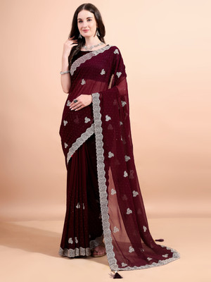 VIBHAGYAA Embellished, Embroidered Bollywood Georgette Saree(Maroon)