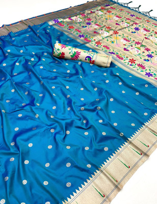 fospy Woven Banarasi Jacquard, Pure Silk Saree(Light Blue)