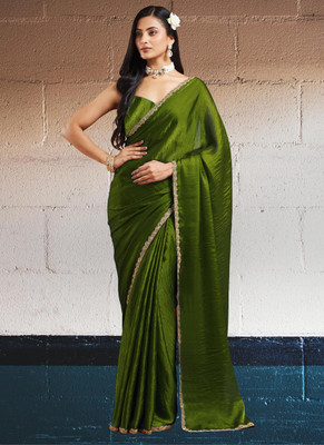 Croza Solid/Plain Bollywood Dupion Silk Saree(Light Green)