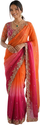 Varniva Fashion Ombre, Embroidered Bollywood Satin Saree(Pink, Orange)