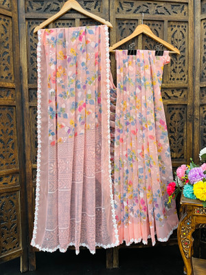 KanjiQueen Floral Print Daily Wear Georgette, Chiffon Saree(Pink)