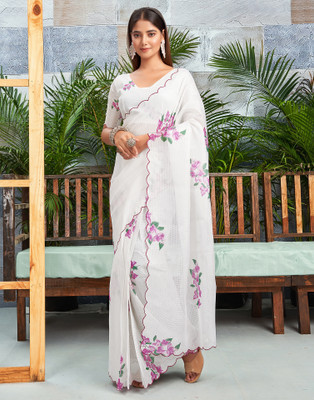 all about you Floral Print, Embroidered Kota Doria Silk Blend Saree(White, Pink, Green)