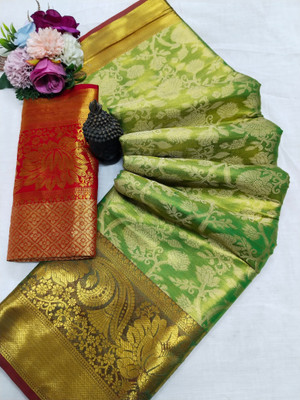 Mervadiya Self Design Kanjivaram Art Silk, Pure Silk Saree(Pack of 2, Green)