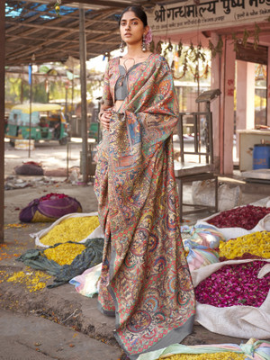 Sareemall Printed Baluchari Silk Blend Saree(Beige)