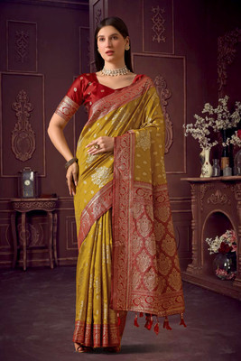 sareya veela Woven Banarasi Silk Blend Saree(Red, Yellow)
