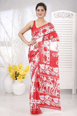 GitAsit Blocked Printed Handloom Pure Cotton Saree(Red)