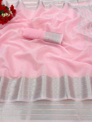 PIYA DESIGNER Solid/Plain Kasavu Cotton Linen Saree(Pink)