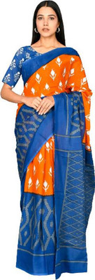 Tropwear Self Design, Printed, Blocked Printed, Digital Print, Hand Painted Ikkat Pure Cotton Saree(Orange)