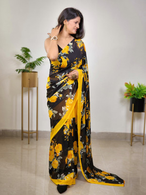 Moda Rapido Floral Print Bollywood Georgette Saree(Yellow)