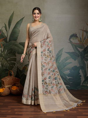 RekhaManiyar Printed Saree with Attached Blouse Linen Saree(Beige)