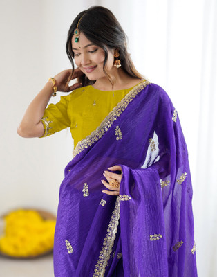 Satrani Embroidered, Embellished Bollywood Silk Blend Saree(Purple)
