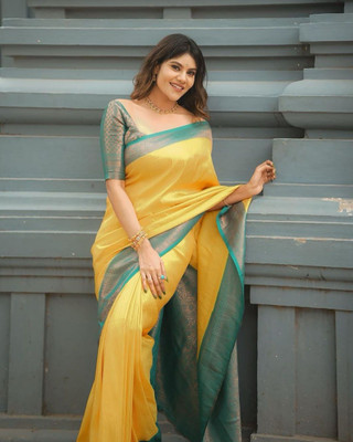 AMRUTKALA SAREES Woven Banarasi Silk Blend Saree(Yellow)