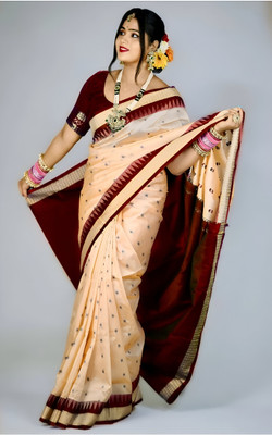 RAANAS Temple Border Sambalpuri Art Silk Saree(Beige)