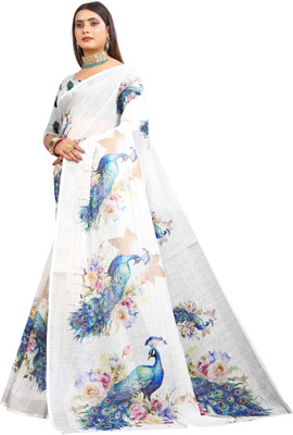 PRTRENDZ Printed Kanjivaram Pure Cotton, Cotton Linen Saree(White)