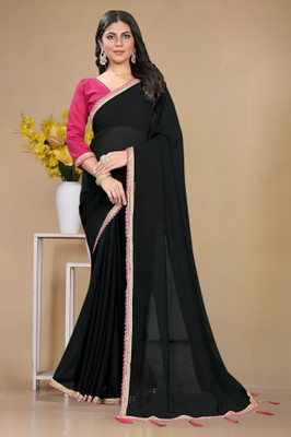HIJA TRENDZ Embroidered, Embellished, Solid/Plain Daily Wear Georgette Saree(Black)