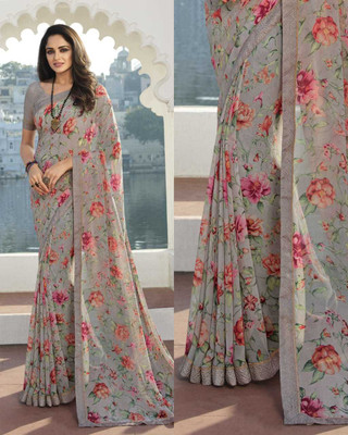 BLEESBURY Printed, Self Design, Graphic Print, Floral Print, Checkered, Solid/Plain Bollywood Georgette, Chiffon Saree(Grey, Pink)