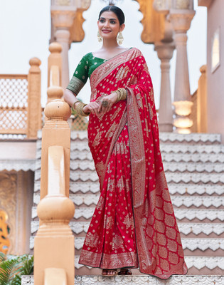 Satrani Dyed, Self Design, Woven Banarasi Silk Blend Saree(Red, Gold)