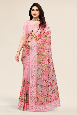 ALAGINI Embroidered Bollywood Net Saree(Pink)