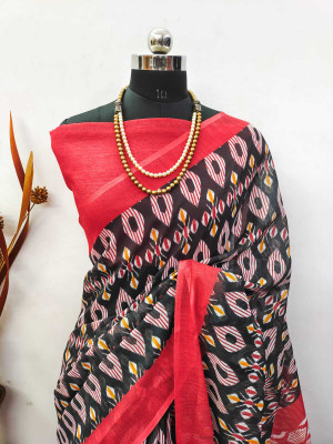 Gajal Striped, Printed Kanjivaram Linen, Cotton Linen Saree(Black, Red)