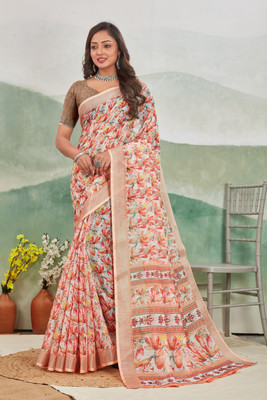 PremVastra Floral Print Bollywood Linen Saree(Beige)