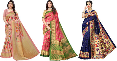 YASHIKA Printed, Woven Kanjivaram Art Silk Saree(Pack of 3, Pink, Dark Blue)