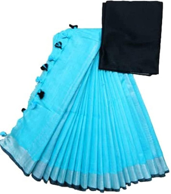 HAIDER ALI AND SONS Solid/Plain Bhagalpuri Cotton Linen Saree(Light Blue)