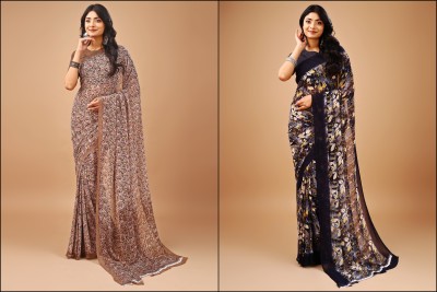 Leelavati Printed Daily Wear Chiffon Saree(Pack of 2, Brown, Grey)