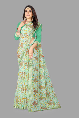 mahalaxmi fab Printed Bollywood Linen Saree(Green, Multicolor, Light Blue)