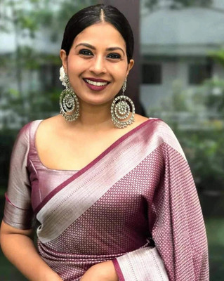 KANGLI Woven Banarasi Cotton Silk Saree(Magenta, Silver)