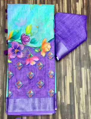 Marabout Digital Print Bollywood Cotton Linen Saree(Light Blue, Purple)