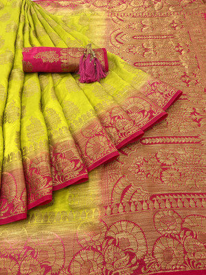 GajGajra Printed Arani Pattu Cotton Silk Saree(Light Green, Pink)
