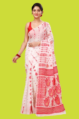 Happy Creation Printed Jamdani Handloom Cotton Blend Saree(Multicolor)