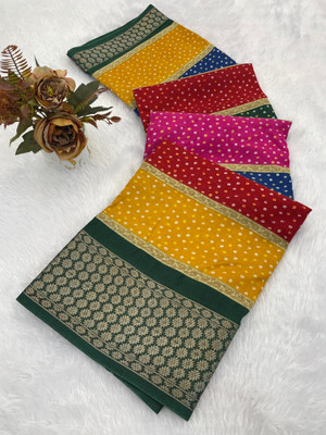 KV Fashion Printed Bandhani Silk Blend Saree(Multicolor)