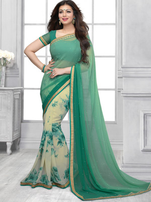 Hensi sarees shop Dyed, Ombre, Solid/Plain, Striped, Woven, Embellished Jamdani Georgette, Art Silk Saree(Green)