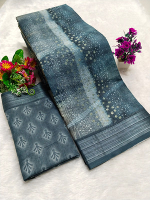 HangerStories Printed Bollywood Pure Cotton, Cotton Linen Saree(Grey)