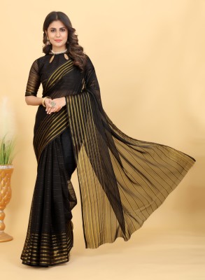 niseful Striped Bollywood Chiffon Saree(Black)