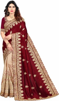 Jeel Fashion Embroidered Bollywood Silk Blend Saree(Maroon, Cream)