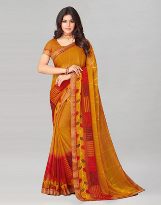 Samah Geometric Print, Printed, Embellished Bollywood Georgette, Chiffon Saree(Mustard, Multicolor)