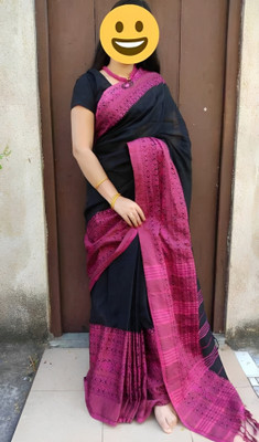 LDma Woven, Solid/Plain, Self Design Tant Handloom Pure Cotton Saree(Black, Pink)