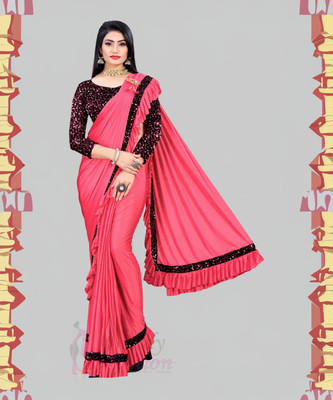 GUNHILD Solid/Plain Banarasi Lycra Blend Saree(Pink)