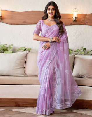 Samah Dyed, Embroidered Bollywood Organza Saree(Purple, White)