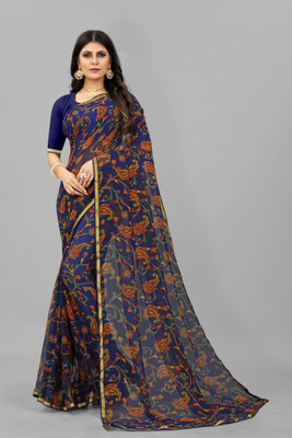 KREZVI Printed, Embellished, Floral Print, Solid/Plain Daily Wear Chiffon Saree(Dark Blue)