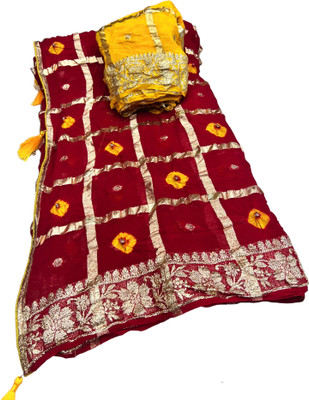 MSC TRENDLINE SAREES Printed Bandhani Georgette, Silk Blend Saree(Red, Gold)