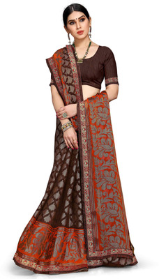 EMV Printed Bollywood Brasso, Chiffon Saree(Brown)